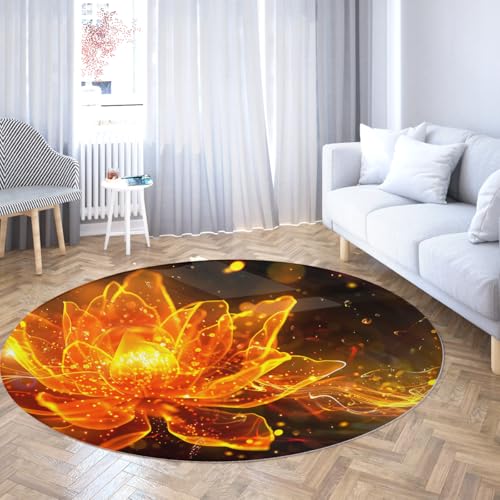 TOANGWALL Dreamy Style waschbarer runder Teppich 150cm Blühender brennender Lotus-Muster Rutschfester niedrigfloriger Innenboden-Kreisteppich für Schlafzimmer Wohnzimmer von TOANGWALL