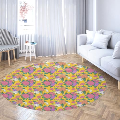 TOANGWALL Gelber runder Teppich 60cm Chinesischer bunter reicher Pfingstrosenblütenmuster Rutschfester waschbarer Bodenteppich für Wohnzimmer Schlafzimmer Veranda Schlafsaal Dekor von TOANGWALL
