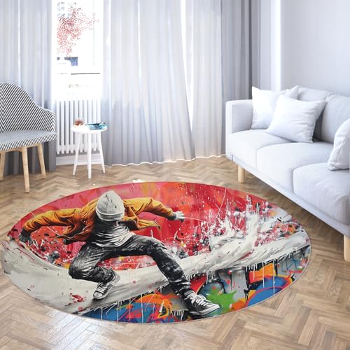 TOANGWALL Graffiti Kunst Runde Teppiche 120cm Bunte Wandszenerie Schöner Junge waschbarer Rutschfester dünner Teppich für Klassenzimmer Kleinkind Kinderzimmer Dekor von TOANGWALL