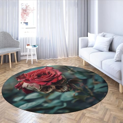 TOANGWALL Halloween waschbarer runder Teppich 60cm Romantische rote Rosen und Totenkopf-Print Rutschfester niedrigfloriger Bodenteppich für den Innenbereich für Schlafzimmer Wohnzimmer von TOANGWALL