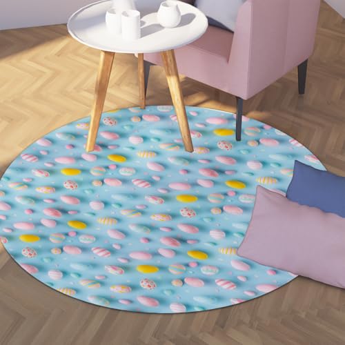 TOANGWALL Hellblauer waschbarer runder Teppich 70cm Ostereiermuster Rutschfester niedriger Florboden Kreis Teppich für Schlafzimmer Wohnzimmer Esszimmer von TOANGWALL