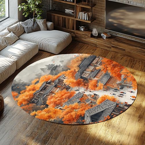 TOANGWALL Herbstlandschaft Runde Teppiche 60cm Retro Land Stadt Waschbarer Rutschfester dünner Teppich für Klassenzimmer Kleinkind Kinderzimmer dekorative Matten von TOANGWALL