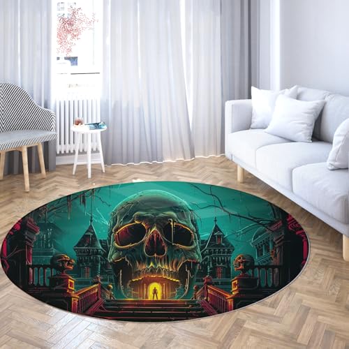 TOANGWALL Horror Grotesque Themen Runder Teppich 80cm Dunkles Skelett Schloss Rutschfester waschbarer Teppich für Wohnzimmer Schlafzimmer Veranda Schlafsaal Dekor Bodenmatte von TOANGWALL