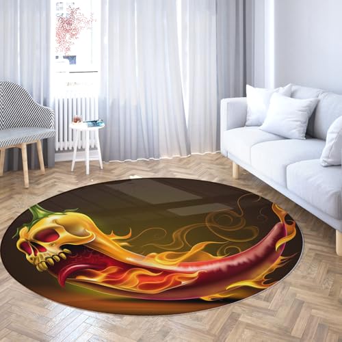TOANGWALL Horror Theme Runde Teppiche 60cm Burning Skull Pepper Waschbarer Rutschfester weicher niedrigfloriger Throw Circle Teppich für das Wohnzimmer Gästezimmer von TOANGWALL