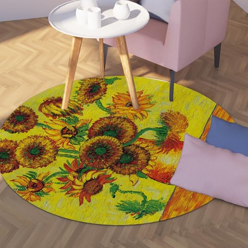 TOANGWALL Impressionismus runder Teppich fünfzehn Sonnenblumen in Einer Vase Rutschfester waschbarer Teppich für Wohnzimmer Schlafzimmer Veranda Schlafsaal gelbes Dekor Bodenmatte 200cm von TOANGWALL
