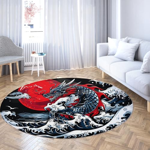 TOANGWALL Japanischer Ukiyo-e Runder Teppich 150cm Kanagawa Wave Dragon Muster Waschbare Weiche niedrigflorige rutschfeste Indoor-Kreismatte für Schrank Flur Spielzimmer TOANGWALL Japanischer Ukiyo-e Runder Teppich 150cm Kanagawa Wave Dragon Muster Waschbare Weiche niedrigflorige rutschfeste Indoor-Kreismatte für Schrank Flur Spielzimmer von TOANGWALL