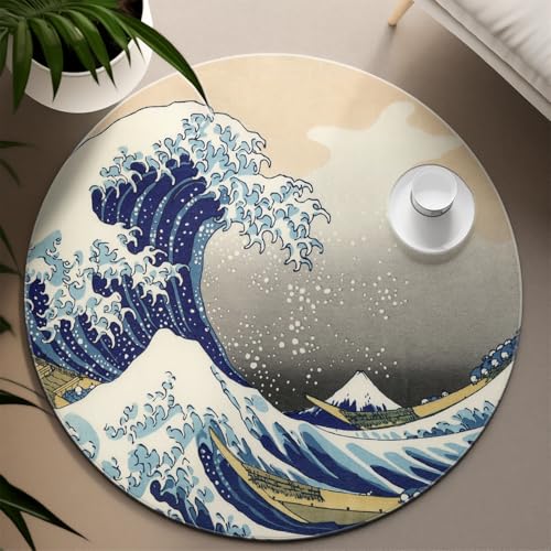 TOANGWALL Japanischer Ukiyoe Rutschfester runder Teppich 240 cm The Wave Off Kanagawa Indoor waschbarer runder Teppich mit niedrigem Flor für Wohnzimmer Küche Schlafzimmer von TOANGWALL
