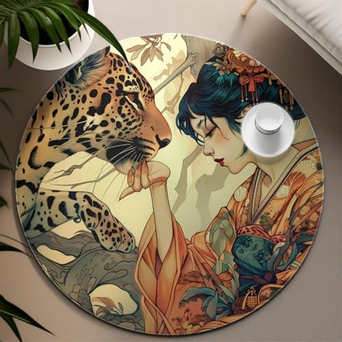 TOANGWALL Japanischer runder Teppich im Retro-Stil 60cm Kimono Geisha und Leopard Rutschfester waschbarer Teppich für Wohnzimmer Schlafzimmer Veranda Schlafsaal Dekor Bodenmatte von TOANGWALL