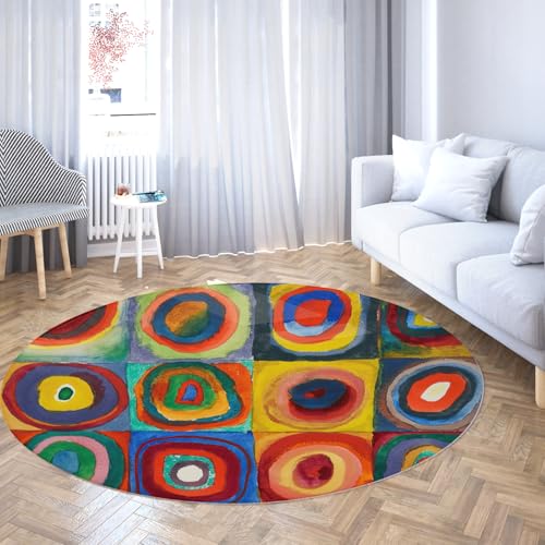 TOANGWALL Konzentrische Kreise Rutschfester runder Teppich Bunter Abstrakter Kreis Geometrie Indoor waschbarer niedriger Florteppich für Wohnzimmer Schlafzimmer 170cm von TOANGWALL