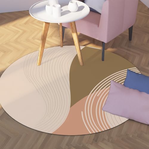 TOANGWALL Ländlicher Stil waschbarer runder Teppich 90cm abstrakte minimalistische Linien Rutschfester niedriger Florboden Kreis Teppich für Küche Schlafzimmer Wohnzimmer von TOANGWALL