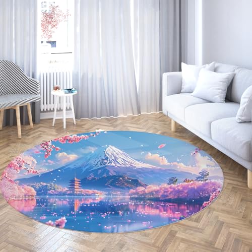 TOANGWALL Landschaft Runder Teppich 60cm Schnee Bergsee Kirschblütenwald Rutschfester Flacher Faltbarer Wurfkreis Teppich für Schlafzimmer Deck Terrasse von TOANGWALL