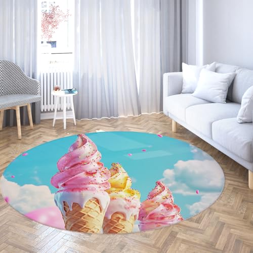 TOANGWALL Lebensmitteldrucke Waschbarer runder Teppich 110cm köstliches Eiscrememuster Rutschfester niedrigfloriger Bodenkreisteppich für Schlafzimmer Wohnzimmer Esszimmer von TOANGWALL