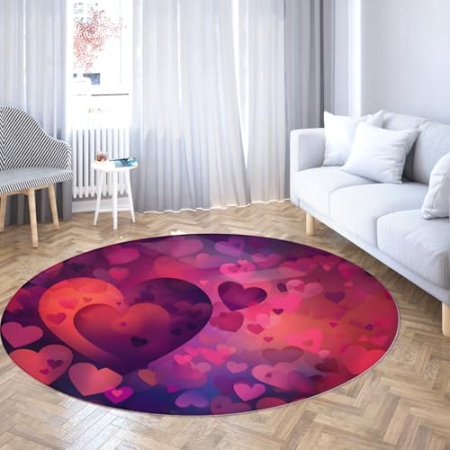 TOANGWALL Lila Farbverlauf waschbarer runder Teppich 170cm herzförmiges Muster Rutschfester Teppich für den Innenbereich Bodenmatten weicher niedriger Flor für den Eingangsbereich Esszimmer von TOANGWALL