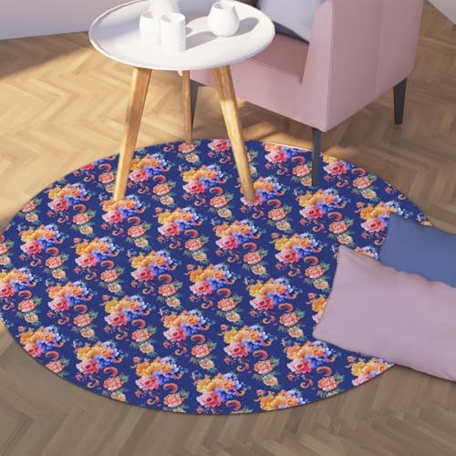 TOANGWALL Lila runder Teppich 200cm Boho-Stil Buntes Pfingstrosenmuster Waschbarer Rutschfester niedriger Flor Faltbarer Nicht haarender Wurfkreisteppich für das Schlafzimmer von TOANGWALL