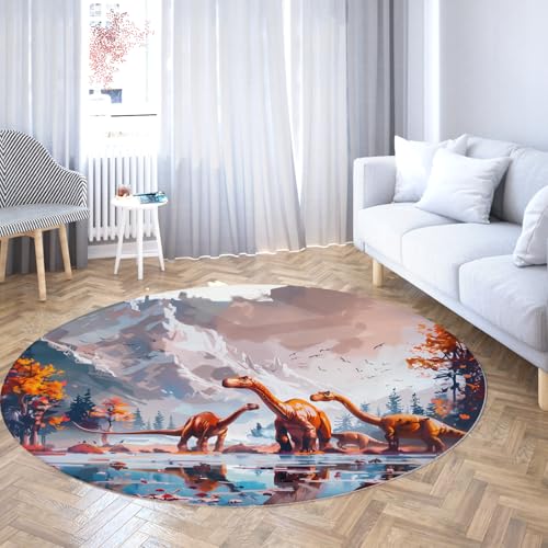 TOANGWALL Mid-Century Runde Teppiche 160cm Glacier Dinosaurier Waschbarer Rutschfester weicher niedriger Florwurf Circle Teppich für Wohnzimmer Esszimmer Gästezimmer von TOANGWALL