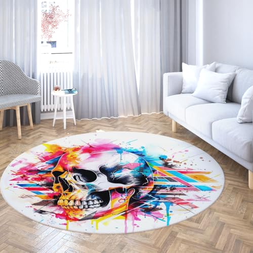 TOANGWALL Moderner minimalistischer Stil Großer runder waschbarer Teppich 200cm Lustiger Schädel Muster Druck Rutschfester Kreis Teppich für Arbeitszimmer Esszimmer Dekor von TOANGWALL