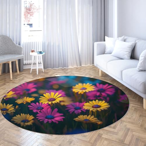 TOANGWALL Moderner waschbarer runder Teppich 90cm bunter Gänseblümchenmuster Rutschfester Innenbereich weicher niedrigfloriger Bodenteppich für den Eingangsbereich Esszimmer von TOANGWALL