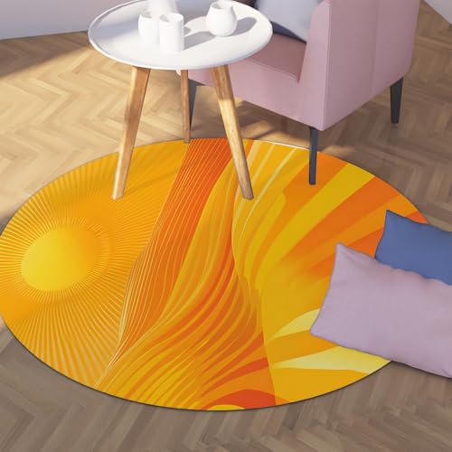 TOANGWALL Orange Farbverlauf waschbarer runder Teppich 60cm abstrakte Linien Berge Sonne Landschaft Rutschfester Teppich für den Innenbereich Bodenmatten mit niedrigem Flor für den Eingangsbereich von TOANGWALL