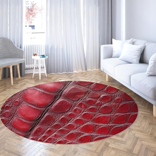 TOANGWALL Rote runde Teppiche für das Wohnzimmer 200cm Eidechsenhaut Texturdruck Rutschfester waschbarer Innendekorationsteppich mit niedrigem Flor für den Büroeingang von TOANGWALL