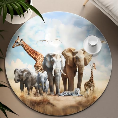 TOANGWALL Runde Teppiche 110cm Elefant Giraffe Tiger waschbar Rutschfester lustiger Spielteppich afrikanische Tiere für Klassenzimmer Kleinkind Kinderzimmer Zimmer Dekor Matten TOANGWALL Runde Teppiche 110cm Elefant Giraffe Tiger waschbar Rutschfester lustiger Spielteppich afrikanische Tiere für Klassenzimmer Kleinkind Kinderzimmer Zimmer Dekor Matten von TOANGWALL