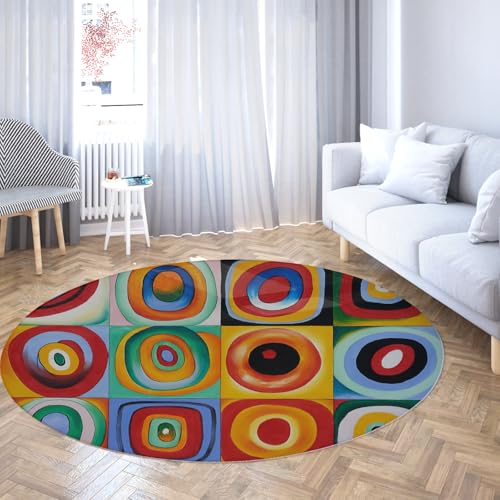 TOANGWALL Runde Teppiche 160cm waschbarer Abstrakter Stil konzentrische Kreise weiche rutschfeste Kunst Farbblöcke Bodenteppich für Bürohausdekoration von TOANGWALL