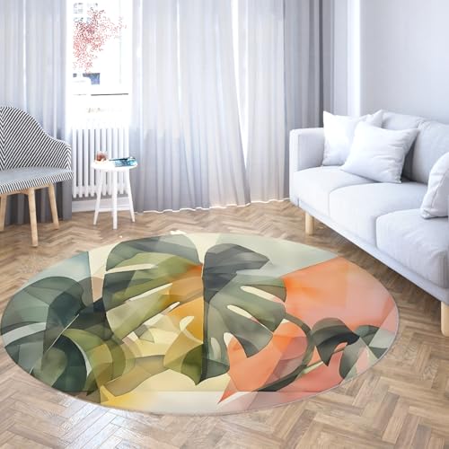 TOANGWALL Runde Teppiche im Aquarellstil 160cm tropisches Palmblättermuster waschbarer Rutschfester Spaßteppich für dekorative Matten im Klassenzimmer von TOANGWALL