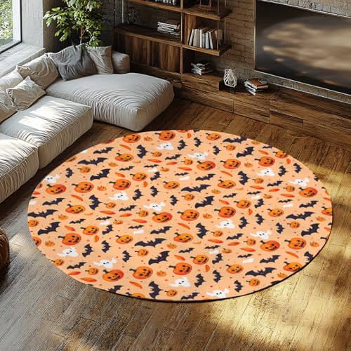TOANGWALL Runde Teppiche im Cartoon-Stil 70cm Ghost Bat Kürbismuster Maschinenwaschbarer Boden Rutschfester Kreisteppich für Waschküche Esszimmer Kinderzimmer von TOANGWALL