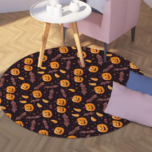 TOANGWALL Runde Teppiche im Cartoon-Stil 90cm Halloween-Kürbisse und Fledermäuse Muster Waschbarer Rutschfester weicher niedrigfloriger Wurfkreisteppich für das Wohnzimmer von TOANGWALL
