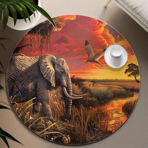 TOANGWALL Runde Teppiche im Mid-Century-Stil 60cm Afrikanischer Elefant Vogelmuster Waschbarer Rutschfester niedriger Florwurf Kreisteppich für Schlafzimmer Sofa Esszimmer von TOANGWALL