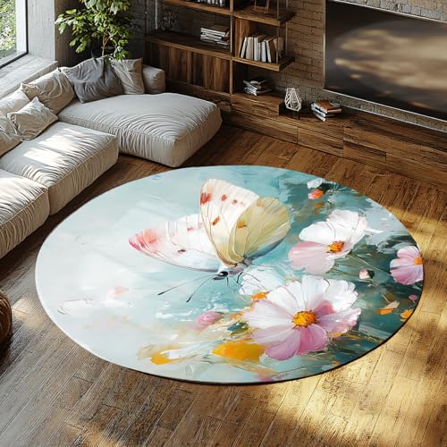 TOANGWALL Runde Teppiche im Naturstil 110cm Schöne Blume und Schmetterling Muster Rutschfester waschbarer Boden Kreis Teppich für Waschküche Esszimmer von TOANGWALL