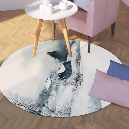 TOANGWALL Runde Teppiche im Schwarz-Weiß-Stil 120cm Winter ländliche Landschaft waschbarer Rutschfester weicher niedriger Florwurf Kreisteppich für das Wohnzimmer Gästezimmer von TOANGWALL