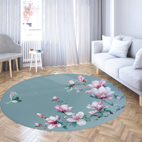 TOANGWALL Runde Teppiche im Vintage-Stil 70cm Schöne Magnolien und Vögel Waschbarer Rutschfester weicher niedriger Florwurf Kreisteppich für das Gästezimmer von TOANGWALL