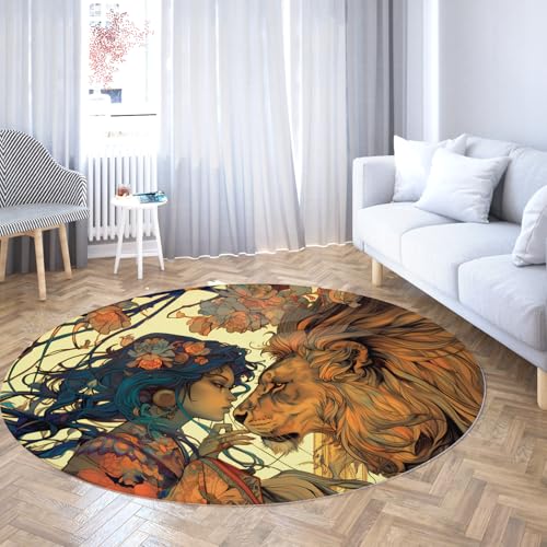 TOANGWALL Runde Teppiche im Vintage-Stil 70cm schöne Frau afrikanischer Löwe waschbarer Rutschfester niedrigfloriger Wurfkreisteppich für Konferenzraum Esszimmer von TOANGWALL