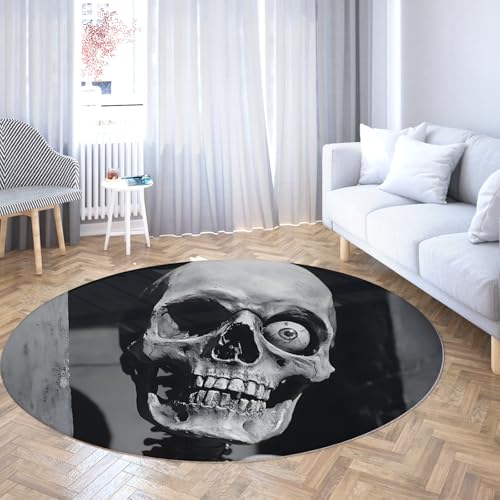 TOANGWALL Runde Teppiche im Vintage-Stil 90cm Horror Schädel Muster Waschbarer Rutschfester Leichter Teppich für Klassenzimmer Kleinkind Kinderzimmer dekorative Matten von TOANGWALL