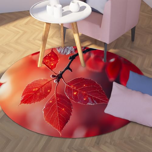 TOANGWALL Runde Teppiche im botanischen Stil 60cm rote Blätter und Äste Muster waschbarer Rutschfester weicher niedriger Florwurf Kreisteppich für Schlafzimmer Esszimmer von TOANGWALL
