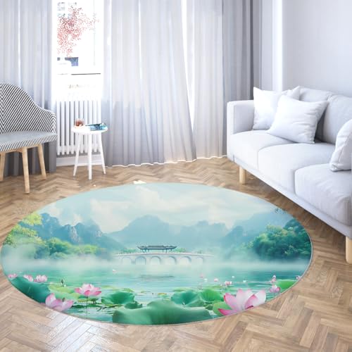 TOANGWALL Runde Teppiche im chinesischen Stil 180cm Lotus Teich Landschaft Waschbarer Rutschfester weicher niedriger Florwurf Kreisteppich für Konferenzraum Esszimmer von TOANGWALL