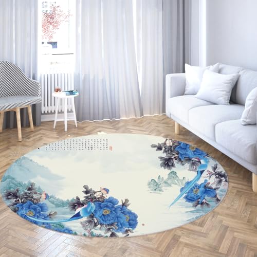 TOANGWALL Runde Teppiche im chinesischen Stil 80cm Vintage Blaue Pfingstrose Blumen und Vögel Waschbarer rutschiger weicher niedrigfloriger Kreisteppich für das Wohnzimmer TOANGWALL Runde Teppiche im chinesischen Stil 80cm Vintage Blaue Pfingstrose Blumen und Vögel Waschbarer rutschiger weicher niedrigfloriger Kreisteppich für das Wohnzimmer von TOANGWALL