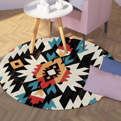 TOANGWALL Runde Teppiche im ethnischen Stil 100cm Abstraktes geometrisches symmetrisches Muster Waschbarer Rutschfester Teppich mit niedrigem Flor für das Schlafzimmer Esszimmer von TOANGWALL