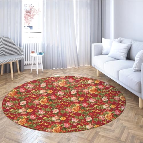 TOANGWALL Runde Teppiche im klassischen Stil 60cm Buntes Rosenmuster Maschinenwaschbarer Boden Rutschfester Kreisteppich für Waschküche Esszimmerdekoration von TOANGWALL