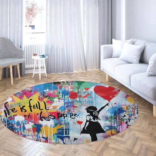 TOANGWALL Runde Teppiche im modernen Stil für das Wohnzimmer 70cm Ballonmädchen Rutschfester waschbarer weicher runder Teppich mit niedrigem Flor für den Innenbereich von TOANGWALL
