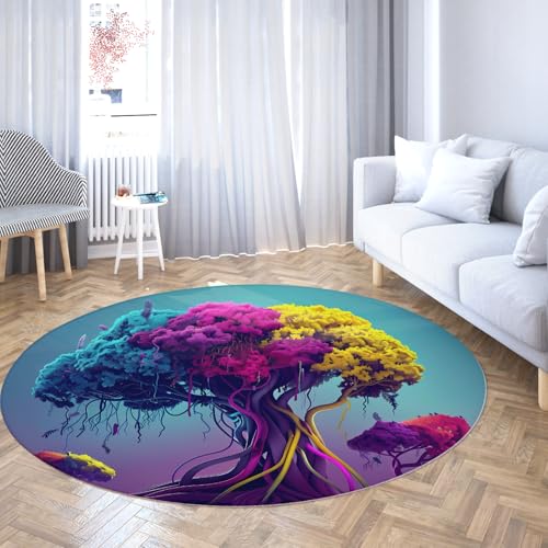 TOANGWALL Runde Teppiche im surrealistischen Stil 200cm Buntes Hirnbaummuster Rutschfester weicher niedrigfloriger dünner Wurf Kreisteppich für das Wohnzimmer Gästezimmer von TOANGWALL
