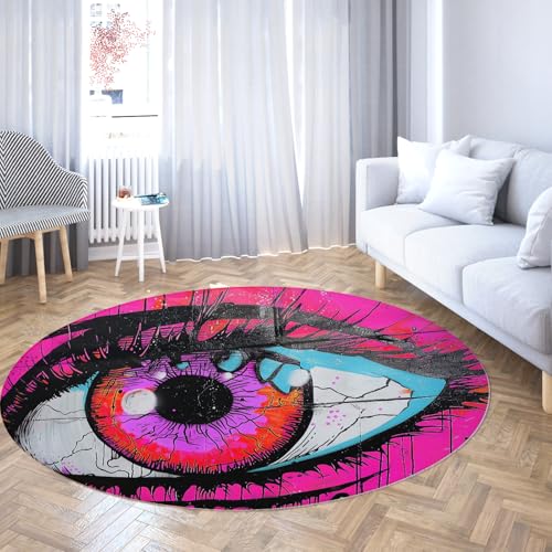 TOANGWALL Runde Teppiche im surrealistischen Stil 70cm Graffiti Augen Muster Abwaschbarer Rutschfester weicher niedriger Florwurf Kreis Teppich für Wohnzimmer Gästezimmer von TOANGWALL