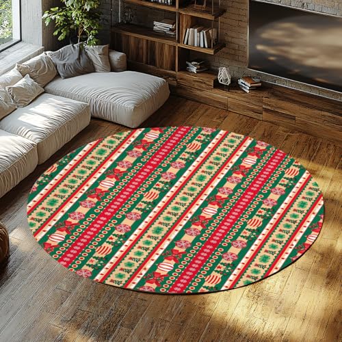 TOANGWALL Runde Teppiche zum Thema Weihnachten 150cm rote und grüne Streifen Waschbarer Rutschfester weicher niedriger Florwurf Kreisteppich für Schlafzimmer Sofa Esszimmer von TOANGWALL