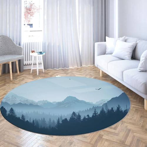 TOANGWALL Runder Teppich 60cm Misty Forest Print Maschinenwaschbar Indoor Rutschfester niedriger Flor Faltbarer Nicht haarender Wurf Kreis Teppich für Schlafzimmer Deck Terrasse Terrasse von TOANGWALL