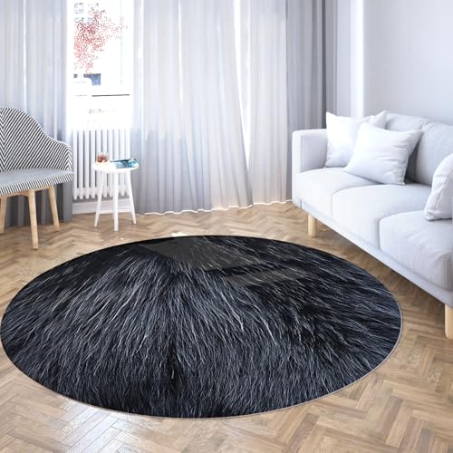 TOANGWALL Runder Teppich 80cm Katze Schwarz Pelz Textur Druck Maschinenwaschbar Flur Rutschfester niedriger Flor Faltbar Nicht Haarwurf Kreis Teppich für Schlafzimmer von TOANGWALL