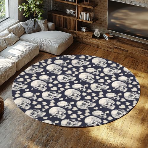 TOANGWALL Runder Teppich im Boho-Stil 130cm Lustiger Schädel und Herzmuster rutschfeste Kinderzimmer Indoor Waschbare Kreis Türmatte für Mudroom Apartment Home von TOANGWALL