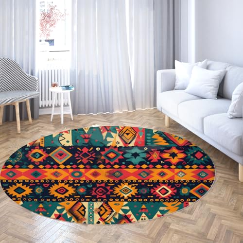 TOANGWALL Runder Teppich im Boho-Stil 80cm Ethnische Retro Geometrische Textur Waschbar Weicher niedriger Flor Anti-Rutsch Indoor Circle für Badezimmer Zuhause Flur Spielzimmer von TOANGWALL
