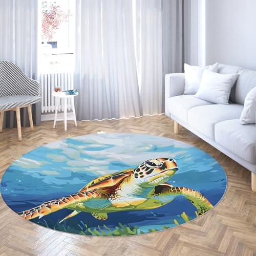 TOANGWALL Runder Teppich im Cartoon-Stil 240cm Ozeanschildkröte Wassergras Waschbar Weicher niedriger Flor Anti-Rutsch-Innenkreismatte für Schrank Badezimmer Zuhause Spielzimmer von TOANGWALL