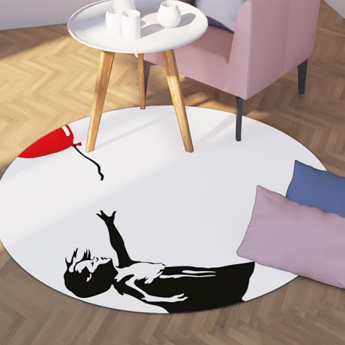 TOANGWALL Runder Teppich im Graffiti-Stil 80cm Roter Ballon Mädchendruck Abwaschbarer Innenflur Rutschfester flachfloriger Faltbarer Wurfkreisteppich für Schlafzimmer von TOANGWALL
