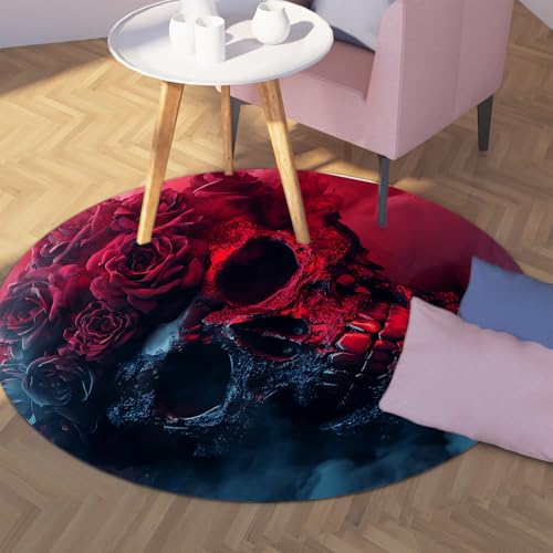TOANGWALL Runder Teppich im Illusionsstil für das Wohnzimmer 200cm Dunkelrosa Totenkopfmuster Rutschfester waschbarer Innendekorationsteppich mit niedrigem Flor für das Home Office von TOANGWALL